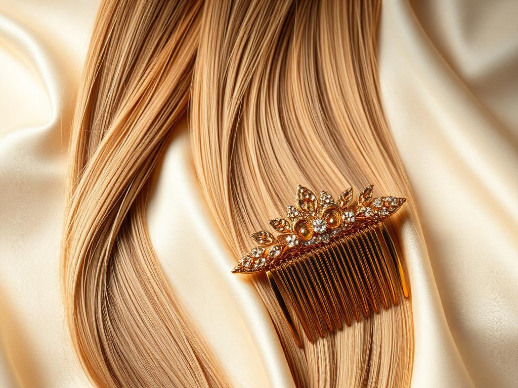 Glossy hair extension wefts on cream silk with a gold comb