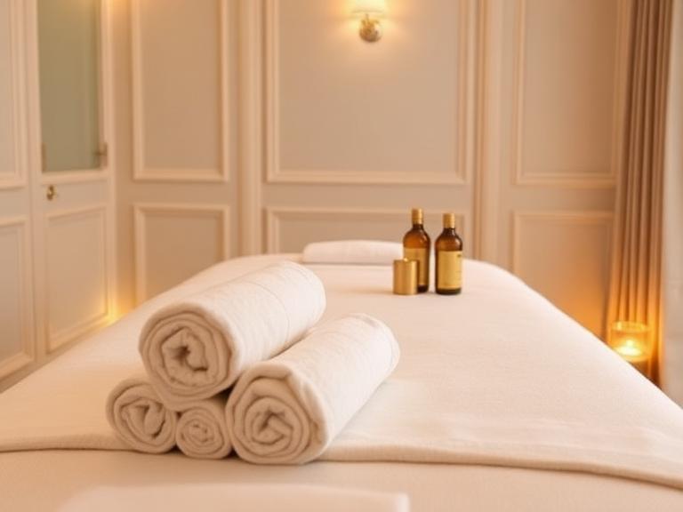 Massage table dressed in cream linen in a luxury Dubai hotel suite